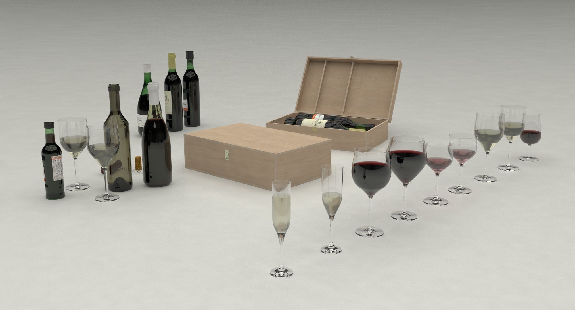 Wine set bottles in wooden box 3D model_1