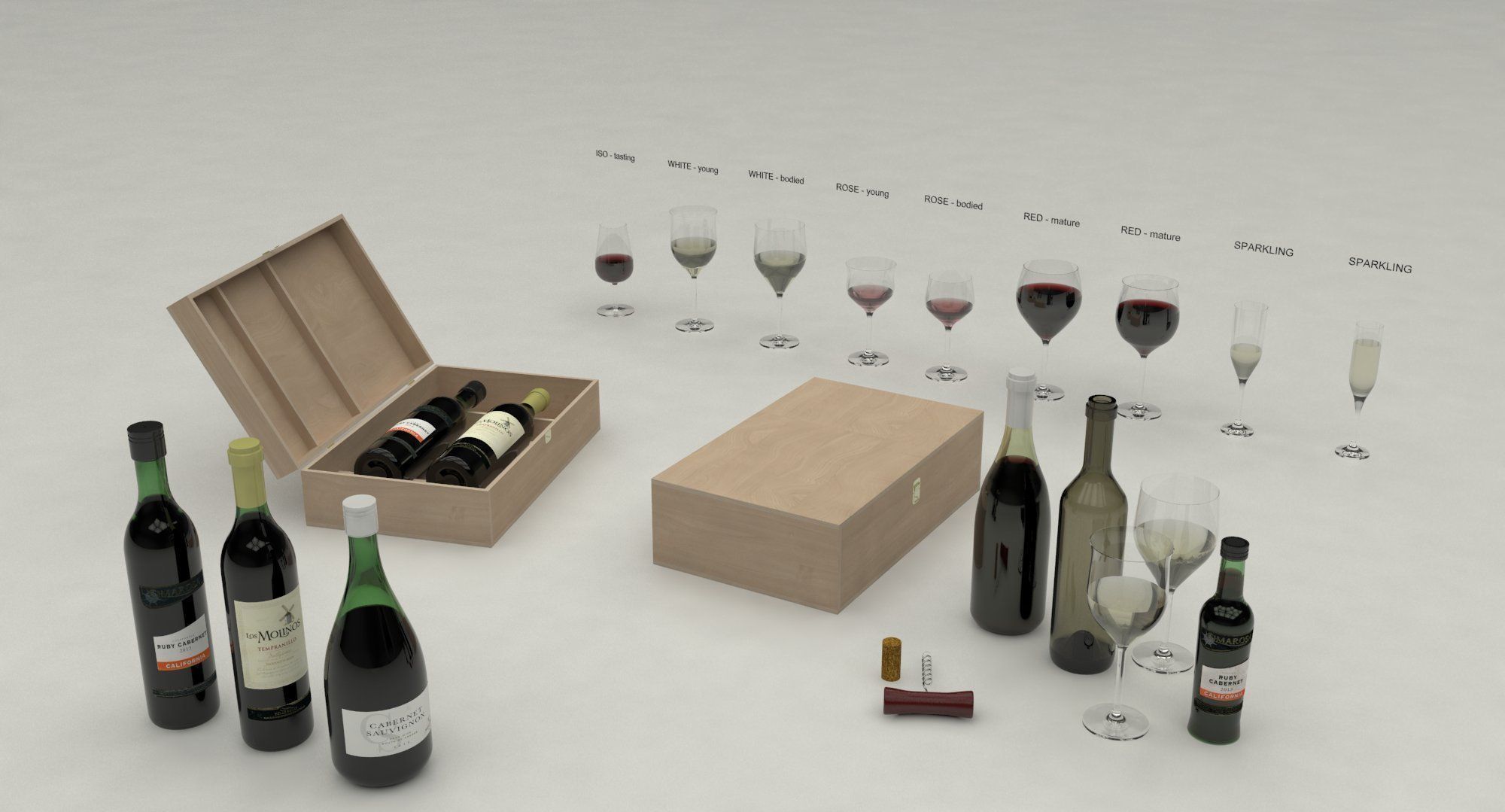 Wine set bottles in wooden box 3D model_3