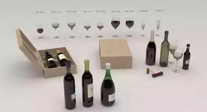 Wine set bottles in wooden box