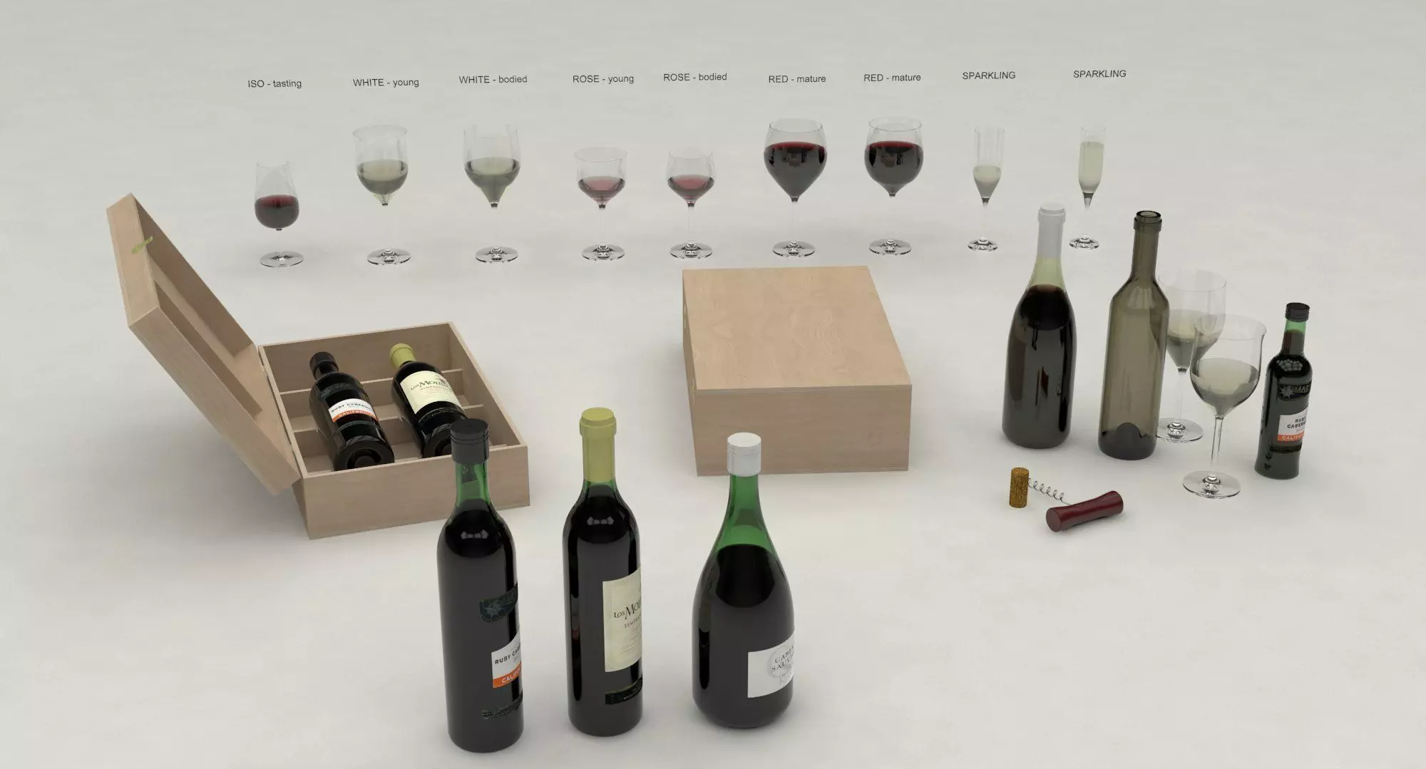 Wine set bottles in wooden box 3D model_0