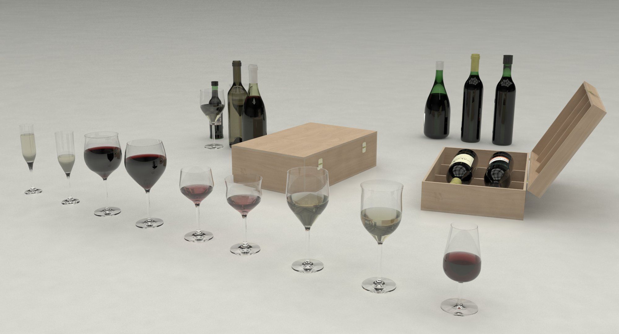 Wine set bottles in wooden box 3D model_2