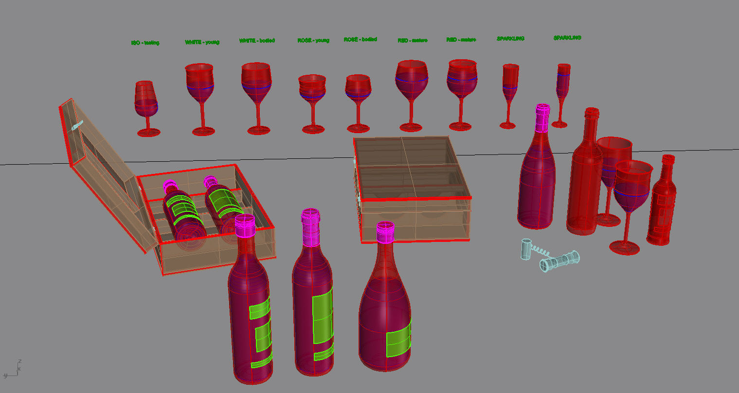 Wine set bottles in wooden box 3D model_7