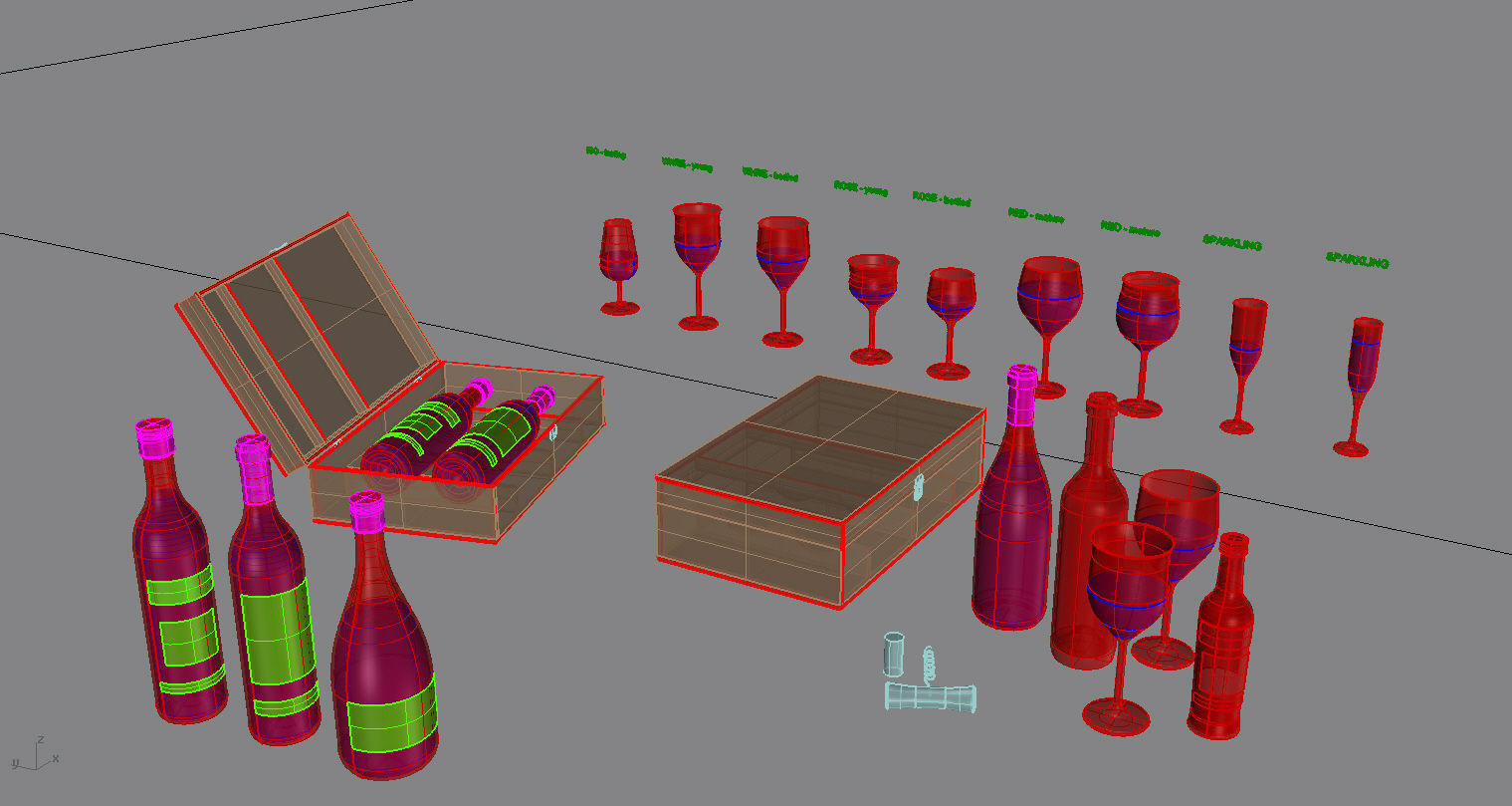Wine set bottles in wooden box 3D model_6