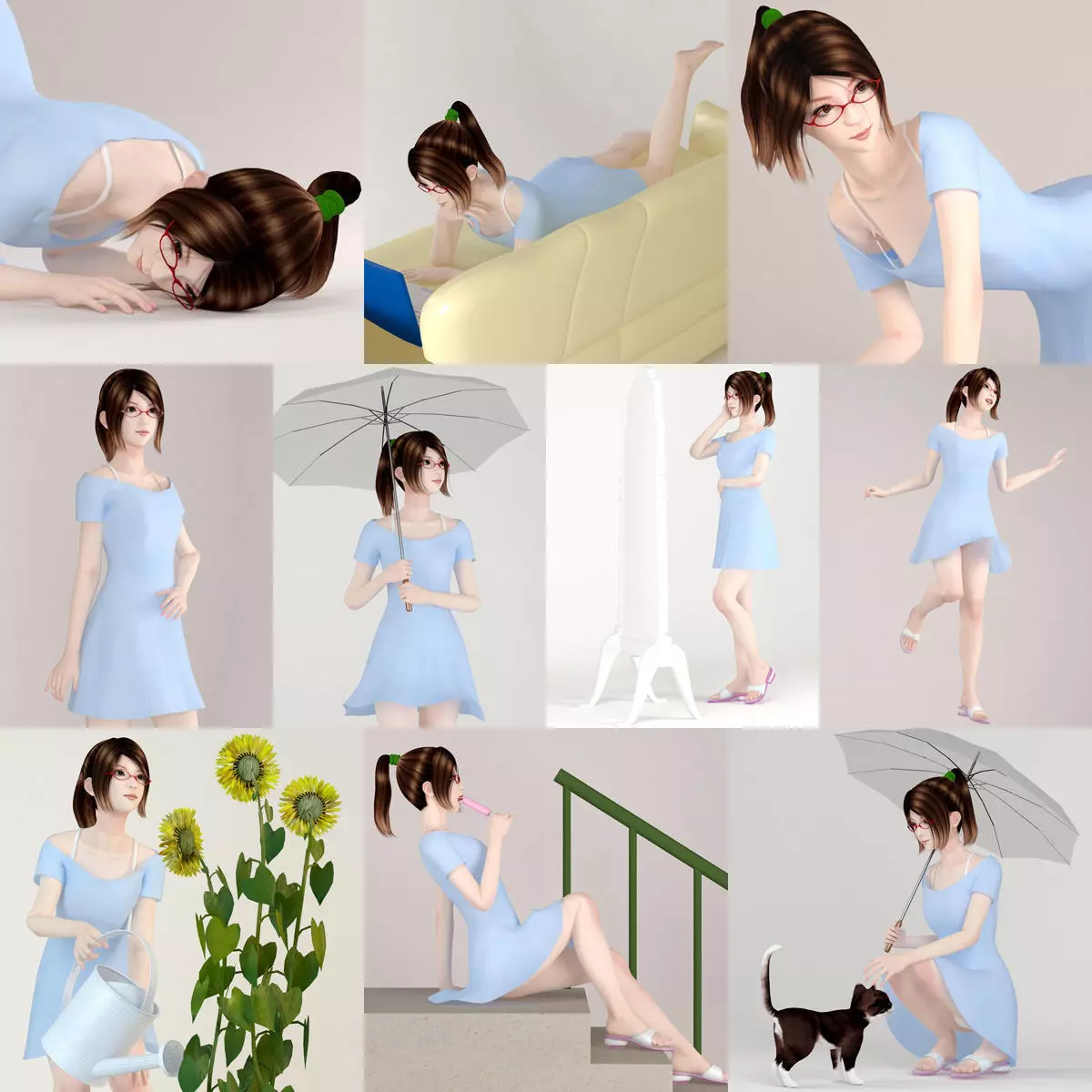 10 poses of Natsumi in blue dress 3D model_0