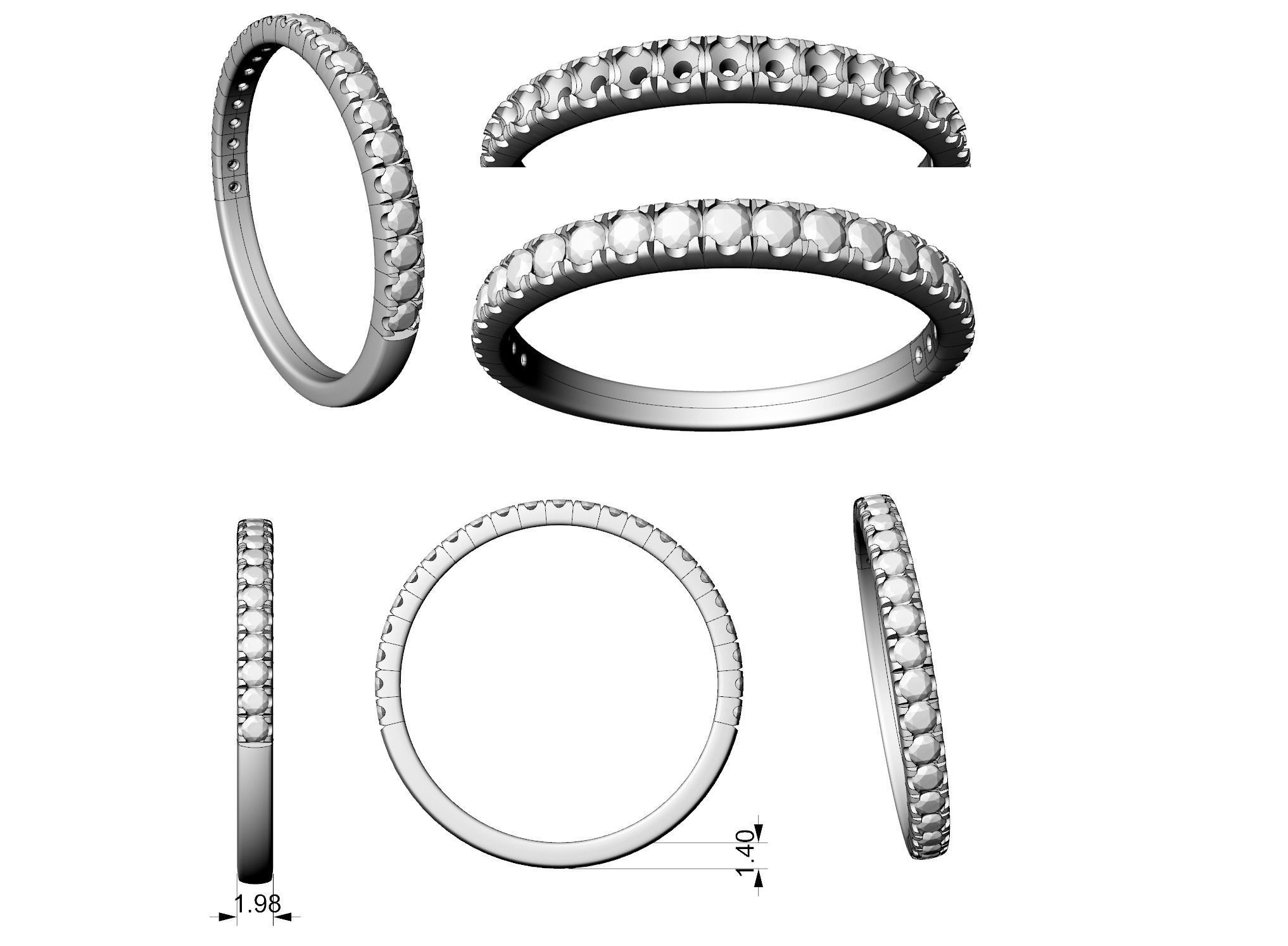 One row diamonds wedding ring Free 3D print model_2