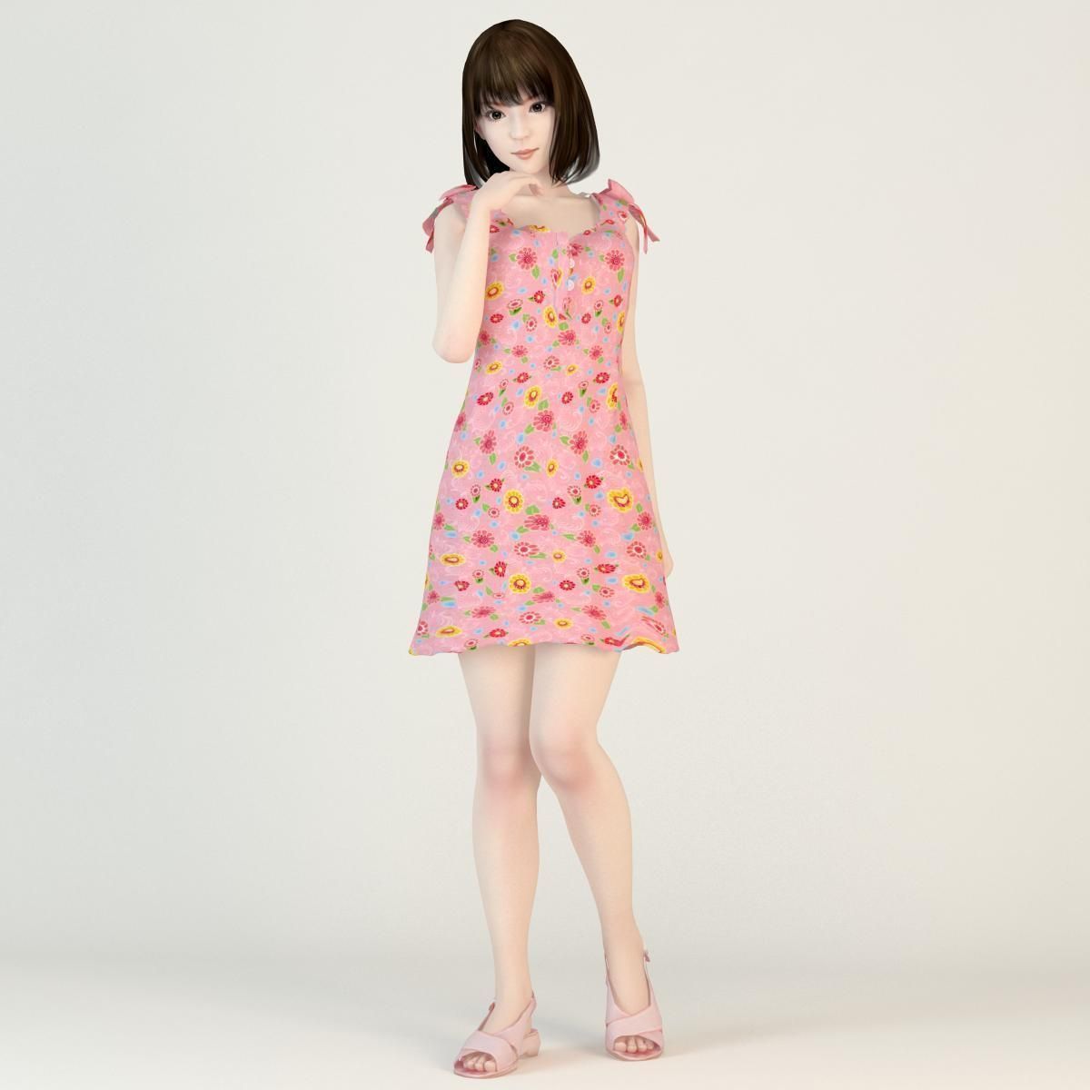 8 poses of Mariko in pink dress 3D model_6