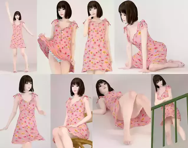 8 poses of Mariko in pink dress 3D model
