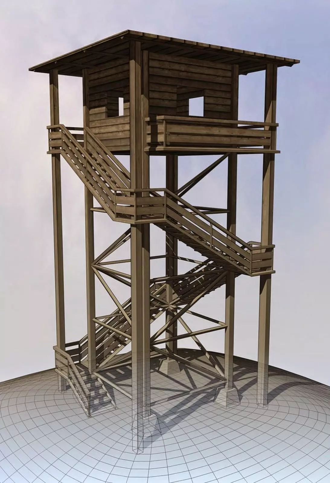 Watch Tower made of Wood Low-poly 3D model_0