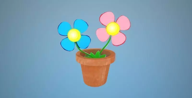 Cartoon 3D Flower Pot with 2D Flowers Free 3D model_0