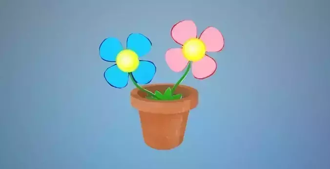 Cartoon 3D Flower Pot with 2D Flowers Free 3D model