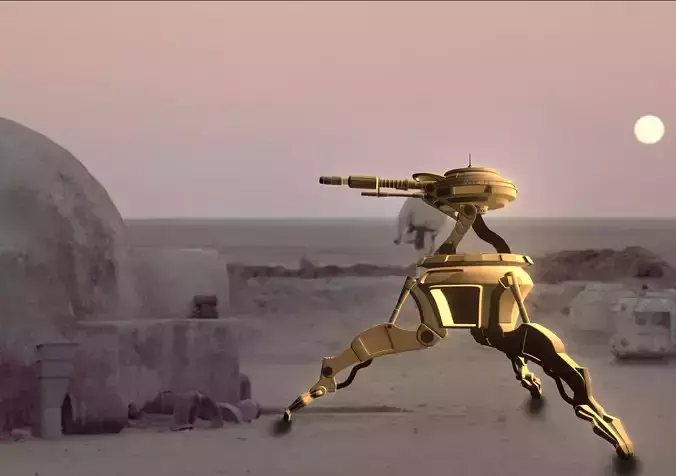 Droid golden star wars robot in desert
