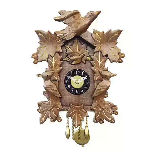 Clock wooden cuckoo with birds and leaves 3D model