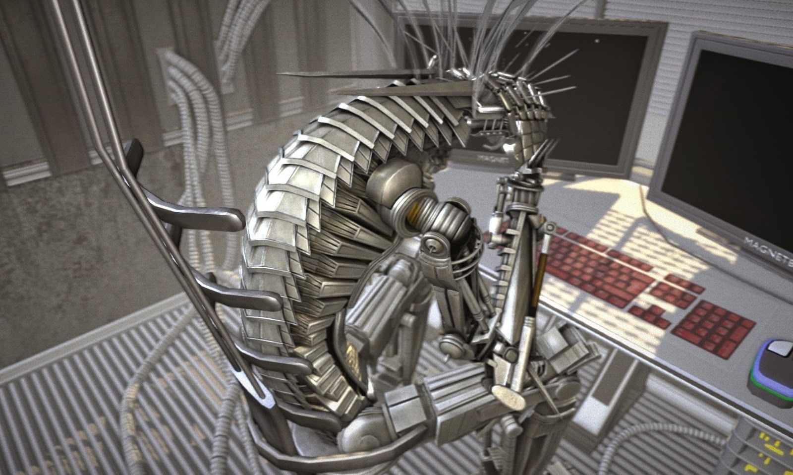 24h-burnoutbot man at desk in futuristic office Free 3D model_2