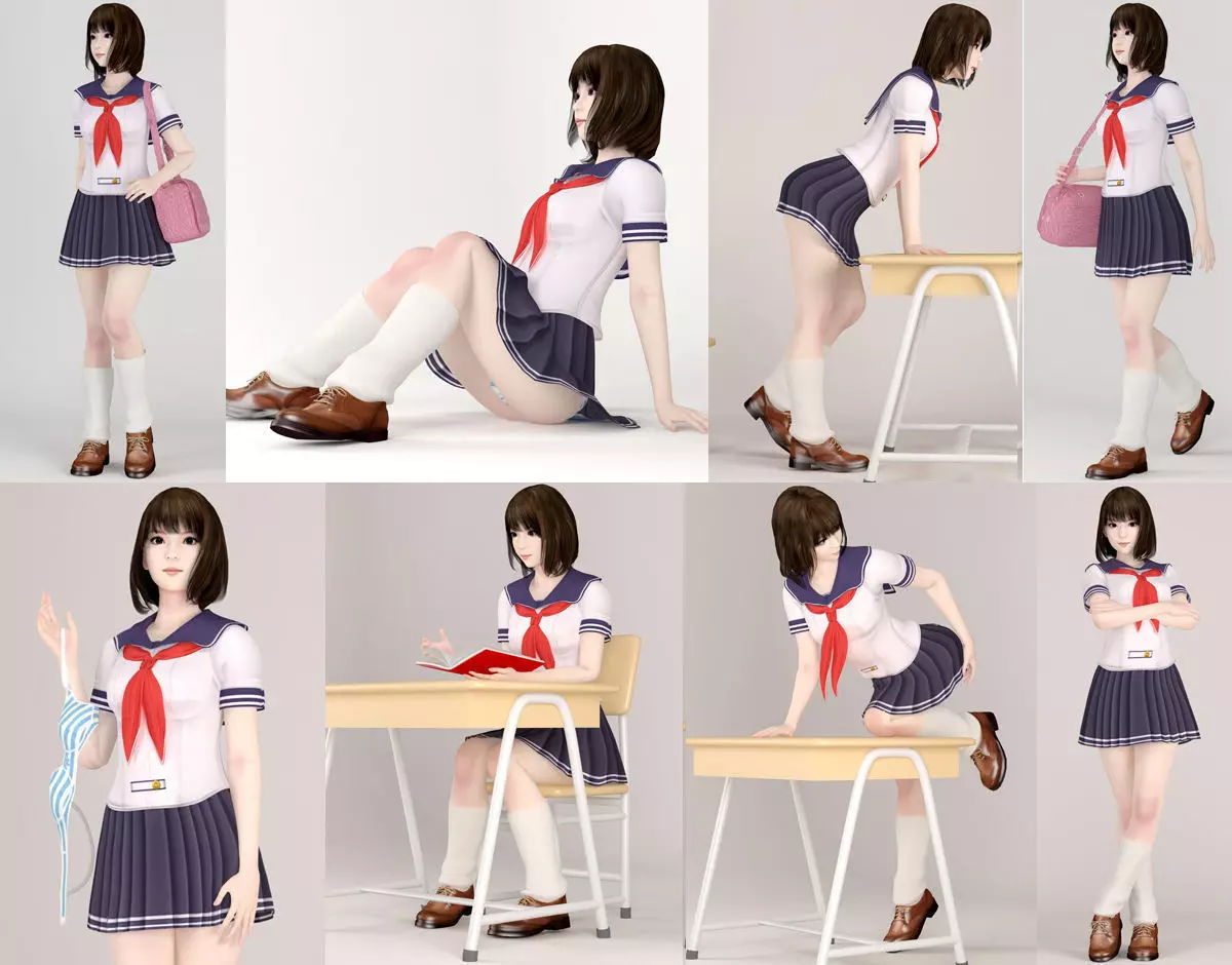 8 poses of schoolgirl Mariko 3D model_0