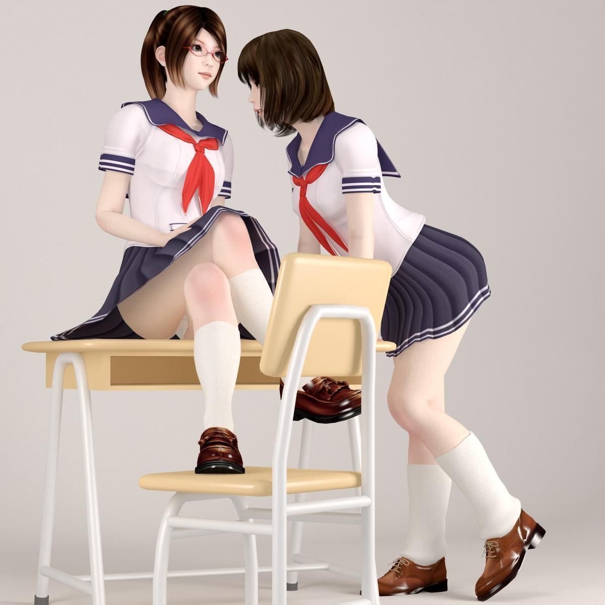Natsumi and Mariko schoolgirl pose 04 3D model_2