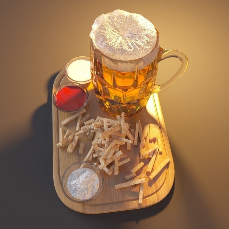 Beer with crackers and sauces Low-poly 3D model_4