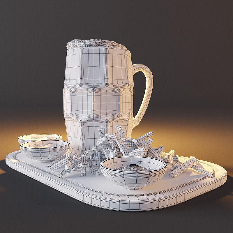 Beer with crackers and sauces Low-poly 3D model_1