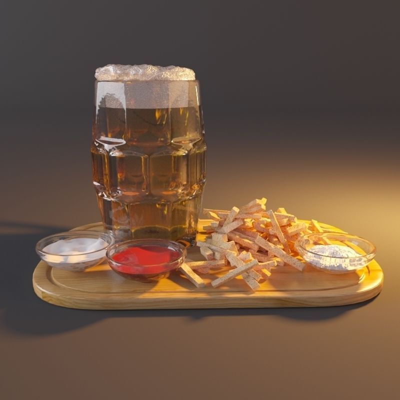 Beer with crackers and sauces Low-poly 3D model_2