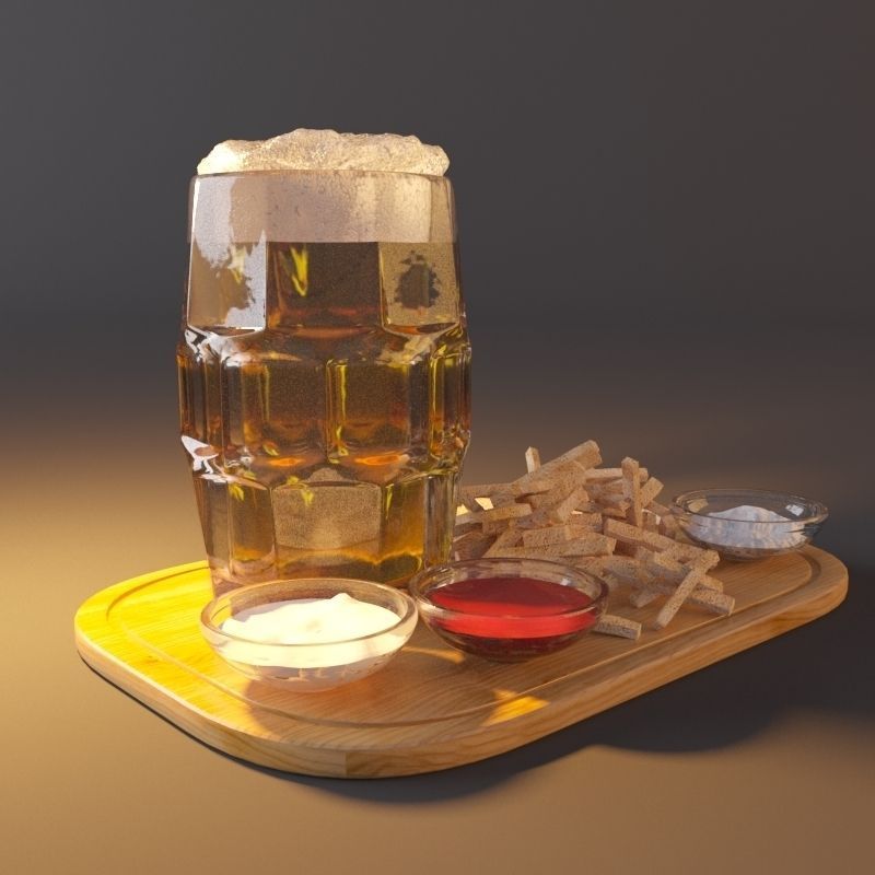 Beer with crackers and sauces Low-poly 3D model_5