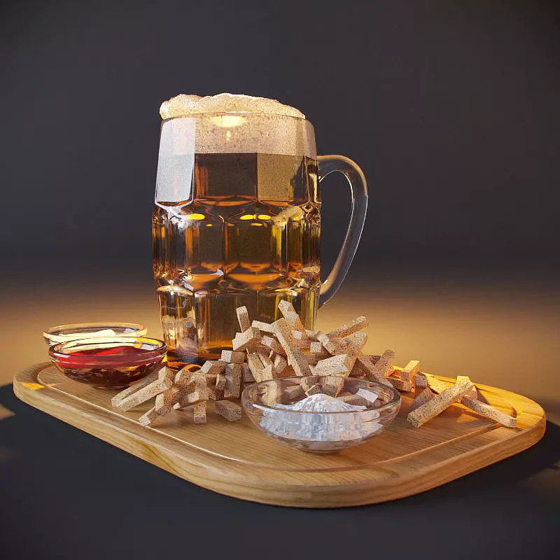Beer with crackers and sauces Low-poly 3D model_0