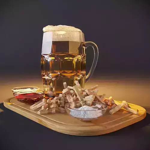 Beer with crackers and sauces Low-poly 3D model
