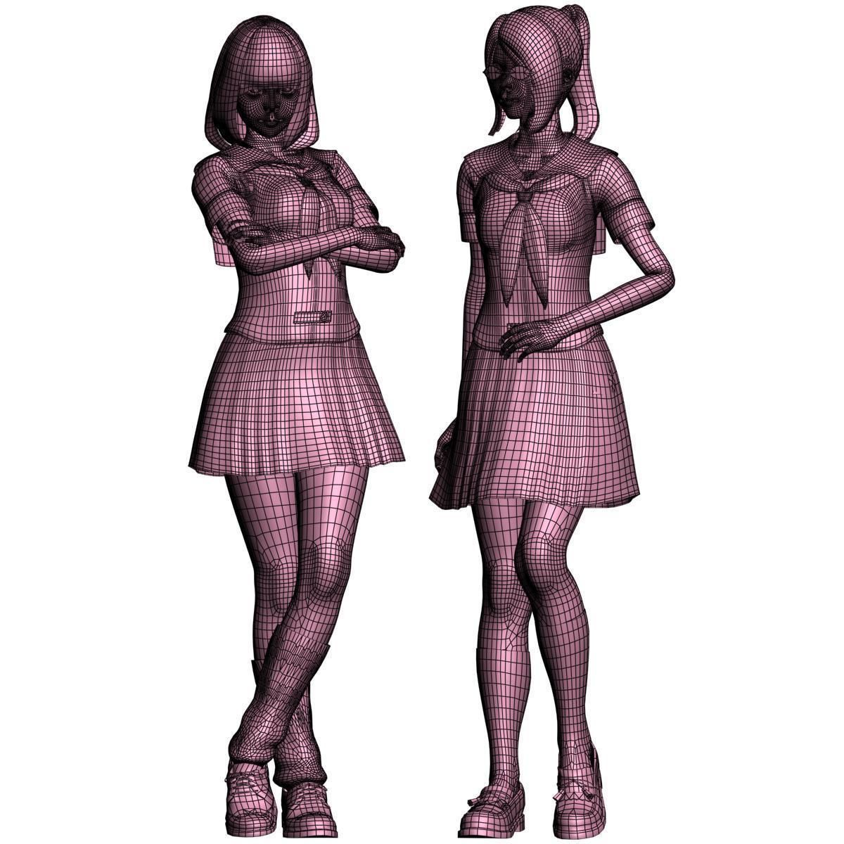 7 poses of Natsumi and Mariko schoolgirl  3D model_34