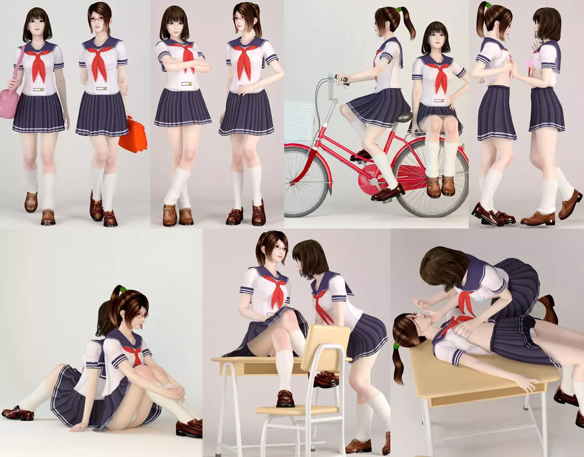 7 poses of Natsumi and Mariko schoolgirl  3D model_0