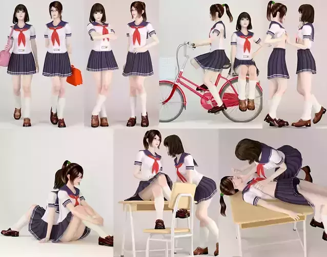 7 poses of Natsumi and Mariko schoolgirl  3D model 7 poses of Natsumi and Mariko schoolgirl  3D model