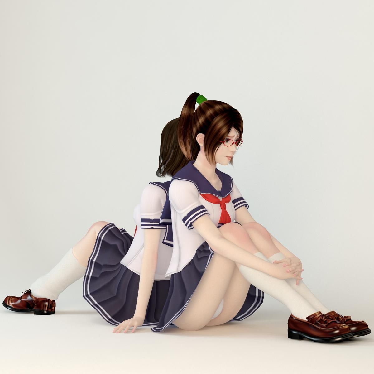 7 poses of Natsumi and Mariko schoolgirl  3D model_6