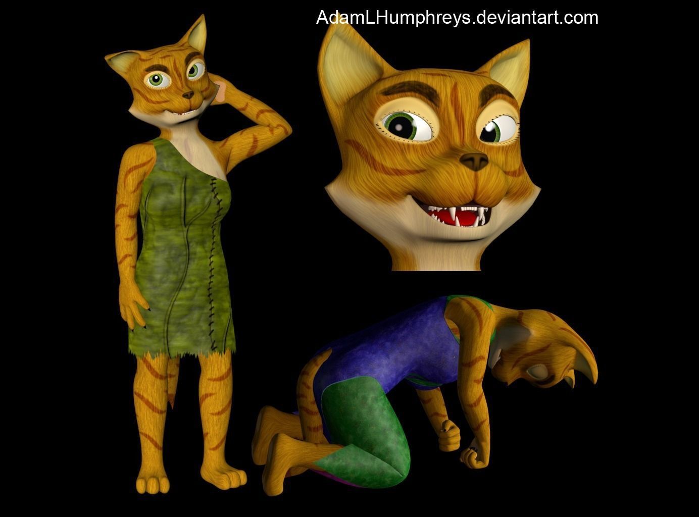 Anthro Female Cat Feline Rigged Cartoon T-pose Model 3D model_2