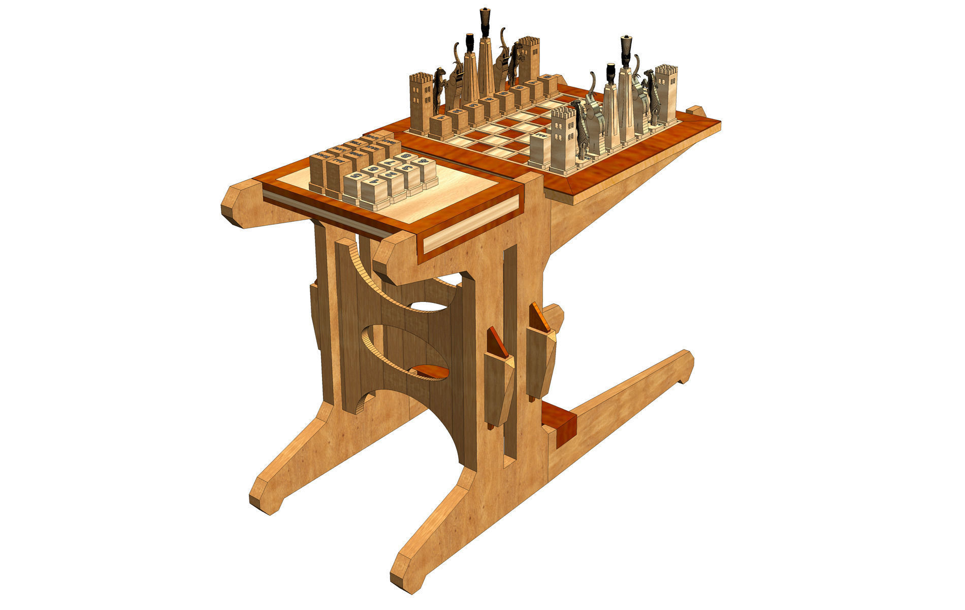Wooden chess set Low-poly 3D model_1