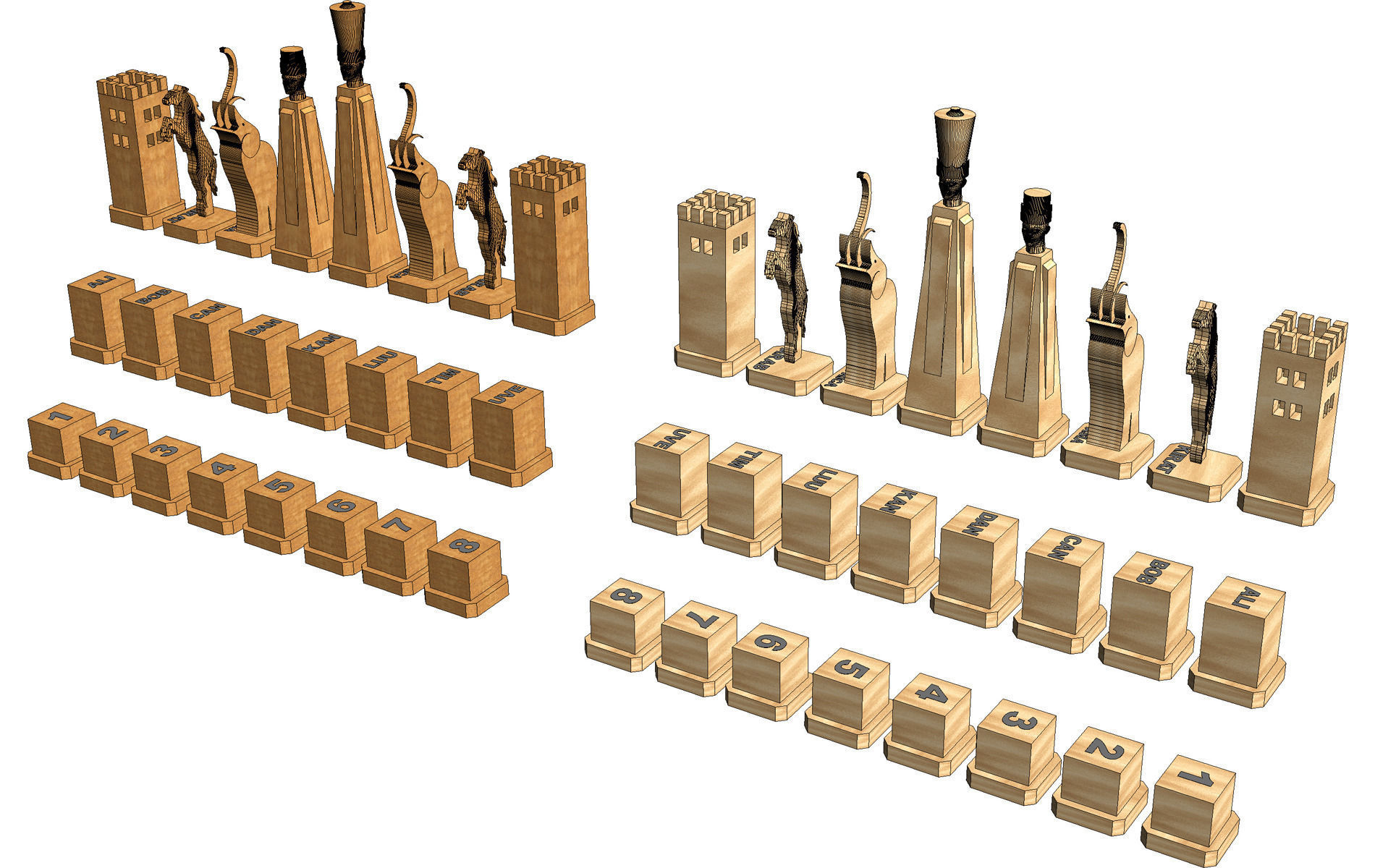 Wooden chess set Low-poly 3D model_8