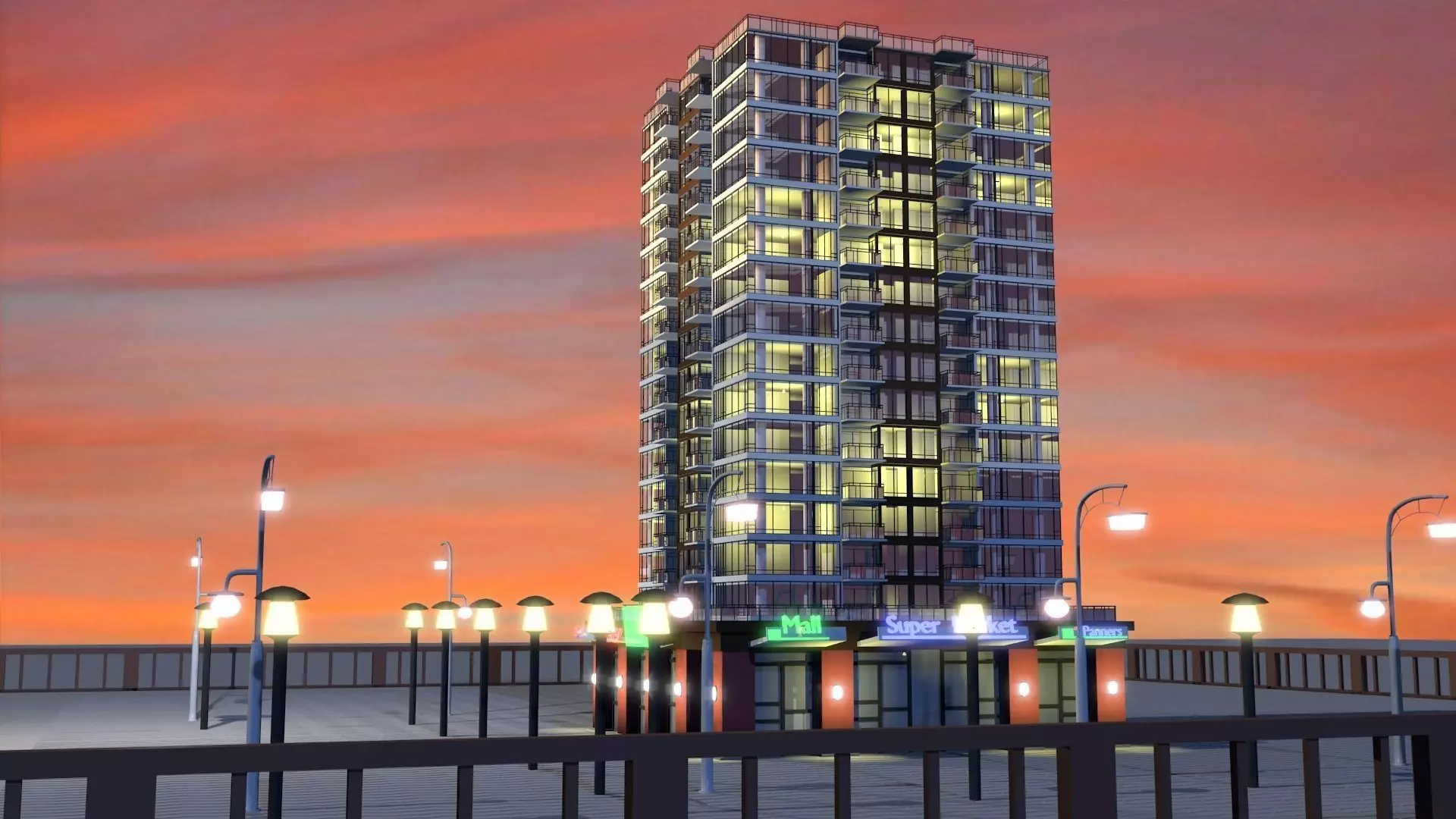 Flats tall building at dusk 3D model
