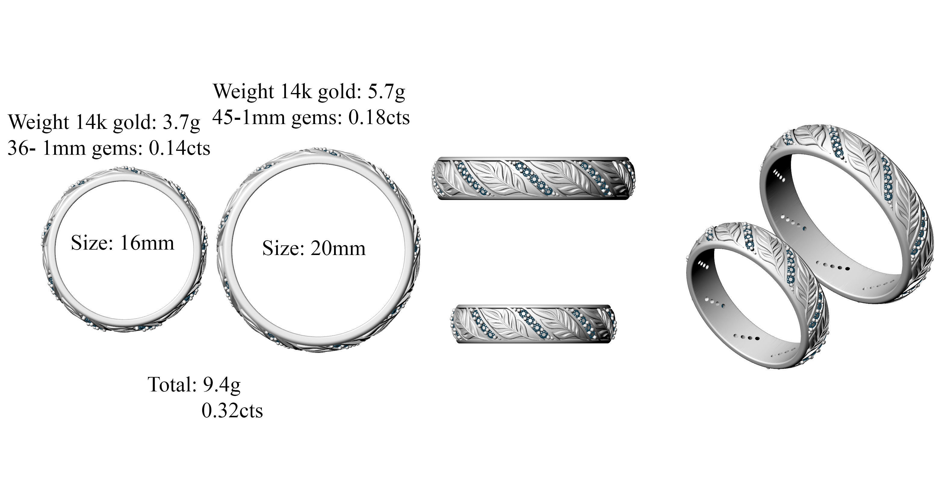 Wedding rings Leaf with stones 3D print model_1