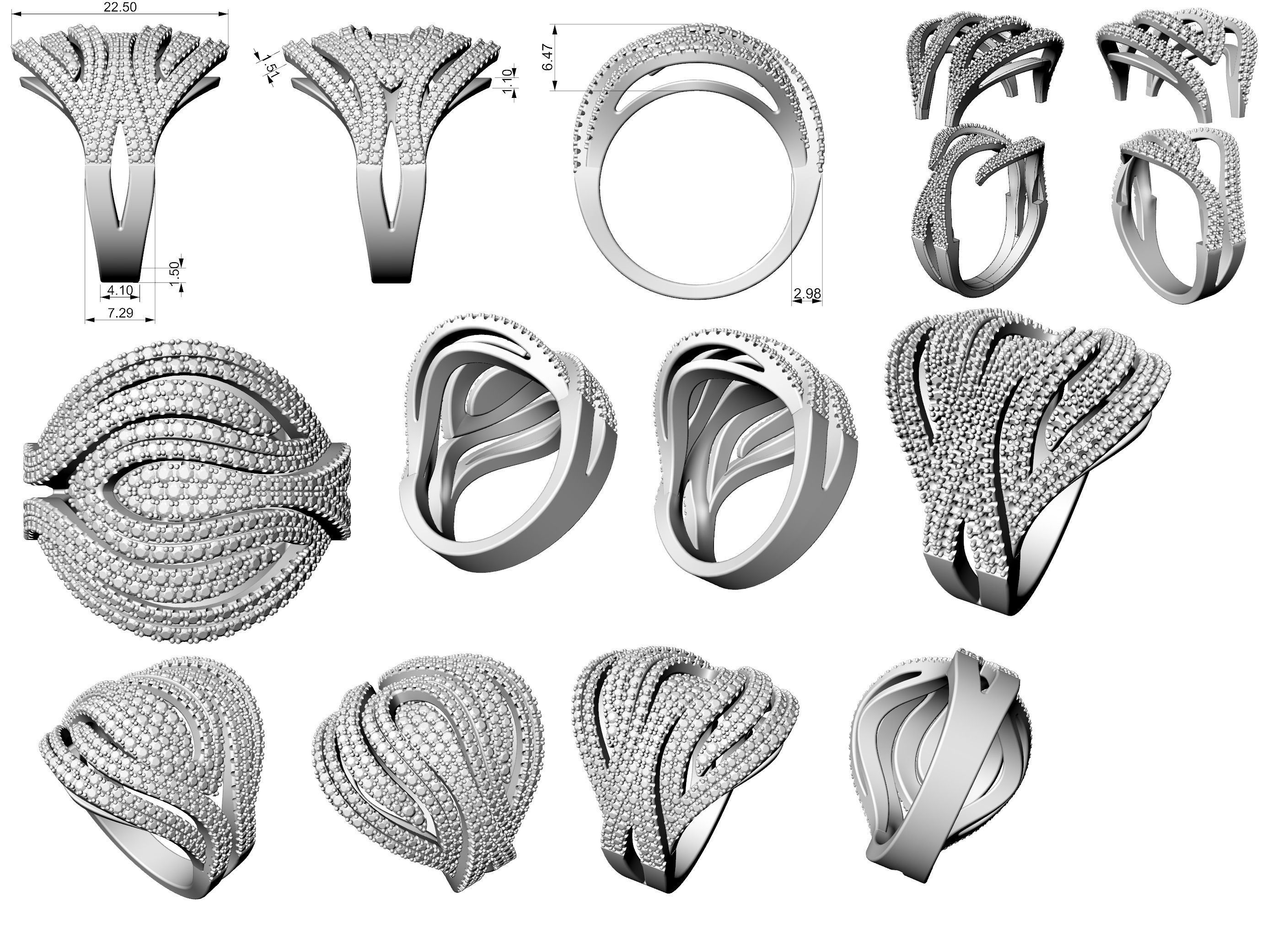 Elegant Classic Multi Row Ring 3D print model_8