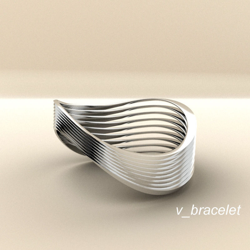 v bracelet silver ring with wavy lines 3D print model_2