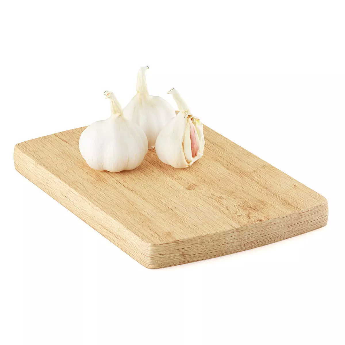 Garlic three cloves on wooden cutting board 3D model_0