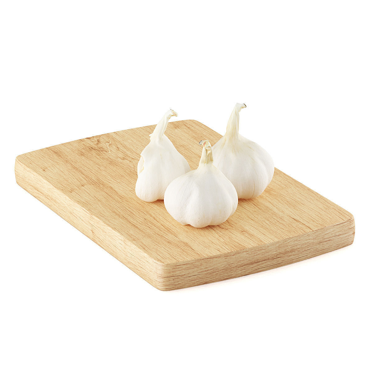 Garlic three cloves on wooden cutting board 3D model_2