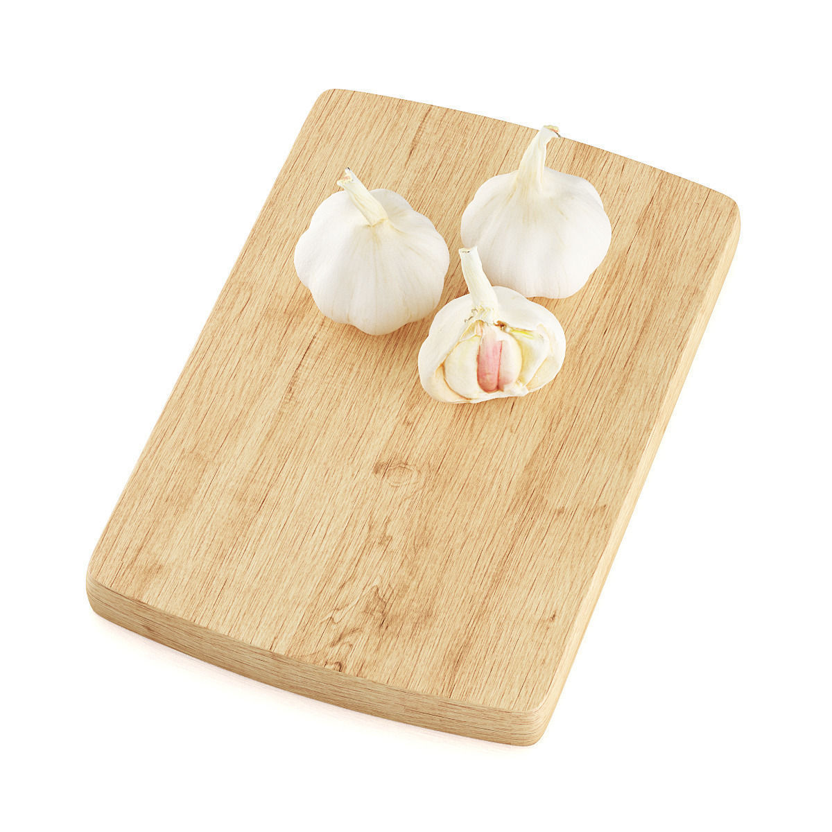 Garlic three cloves on wooden cutting board 3D model_4