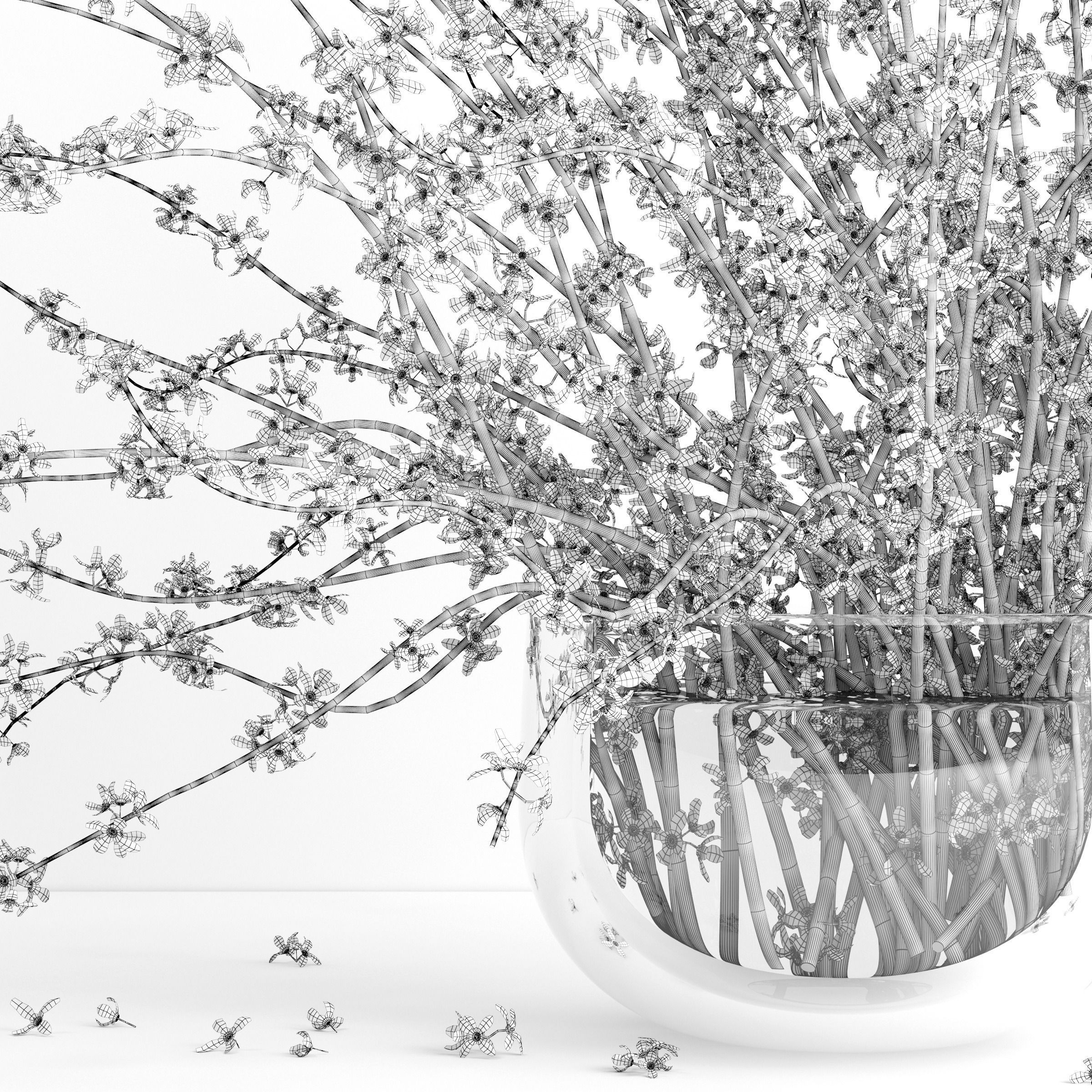 Bouquet of forsythia bush branches in glass vase 3D model_4