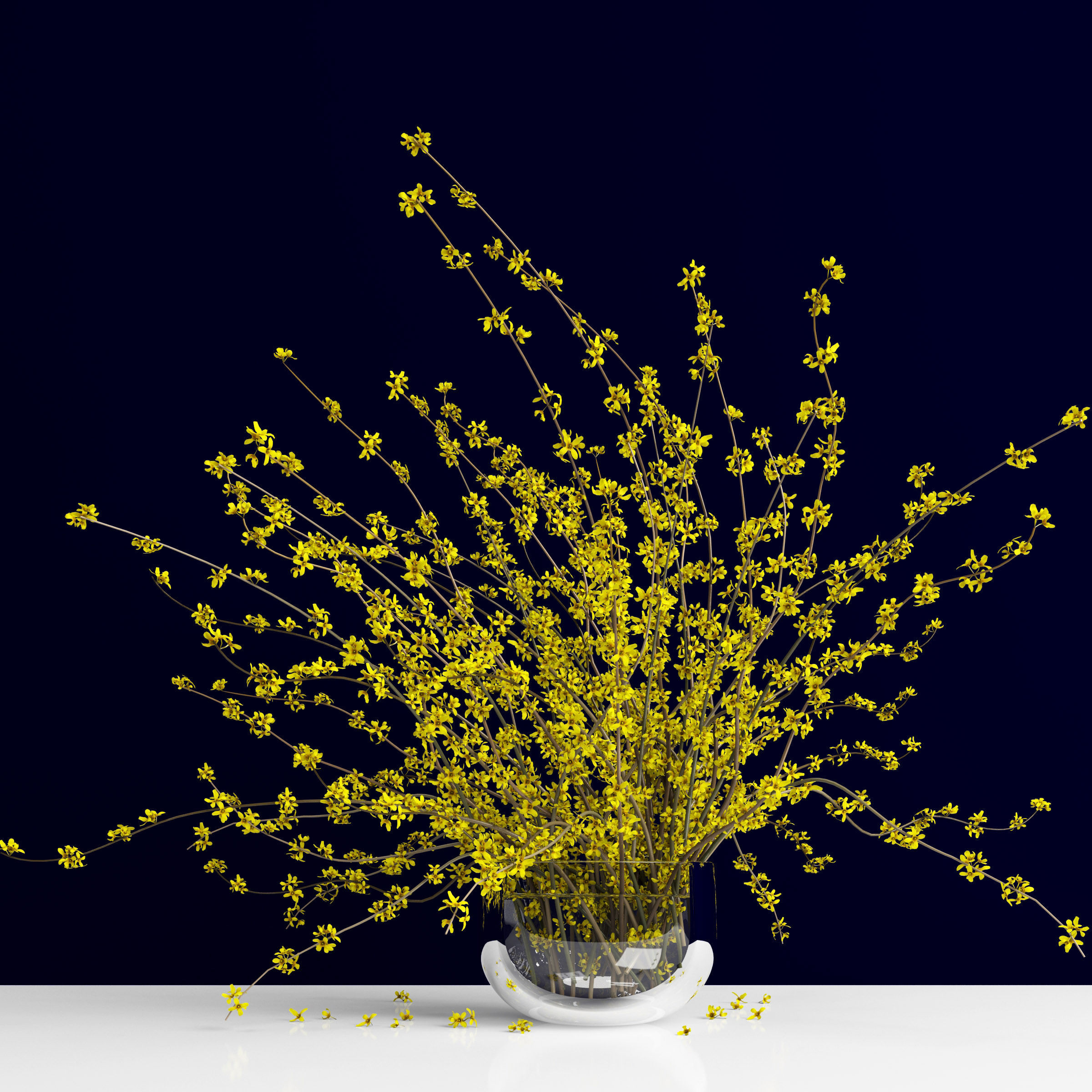 Bouquet of forsythia bush branches in glass vase 3D model_2