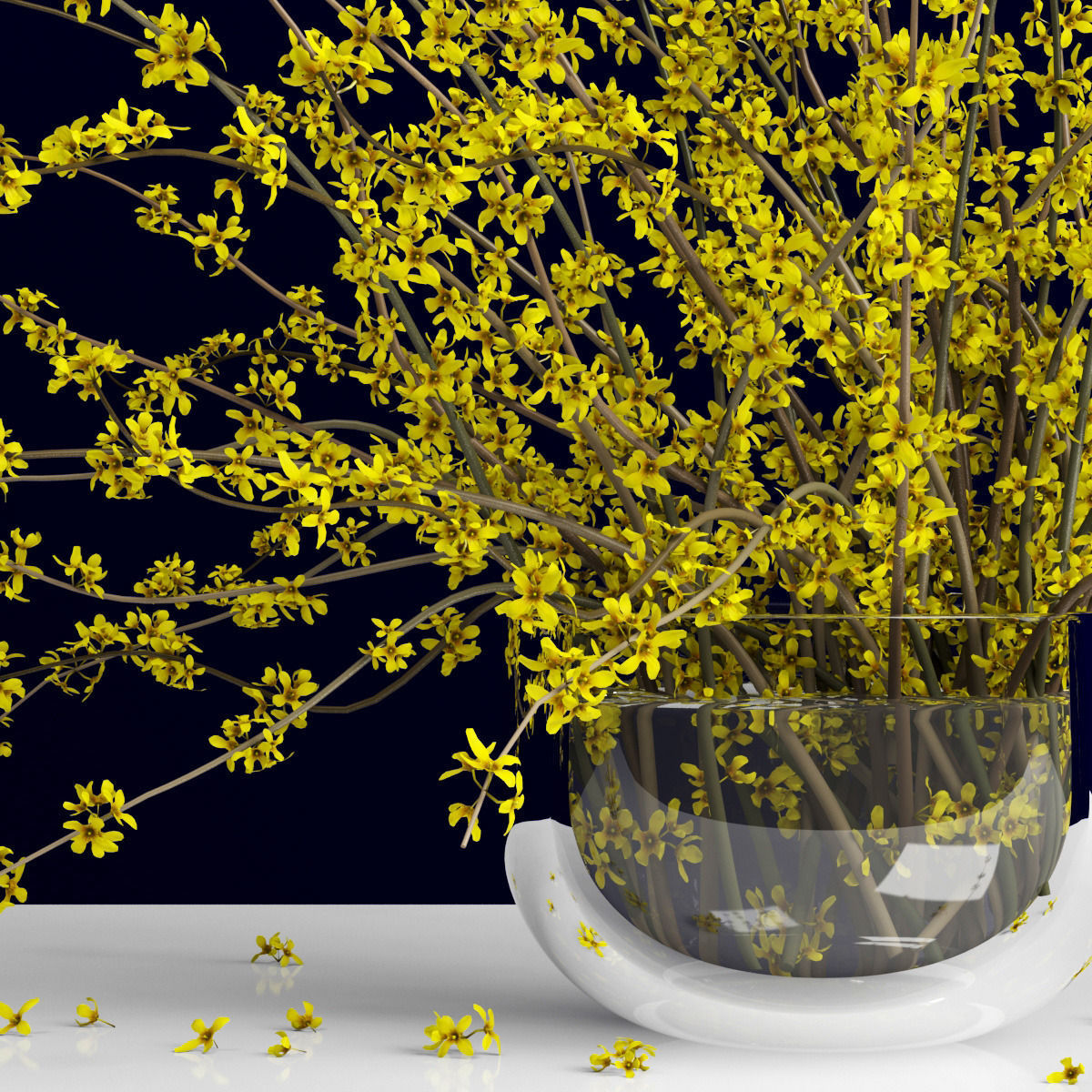 Bouquet of forsythia bush branches in glass vase 3D model_3