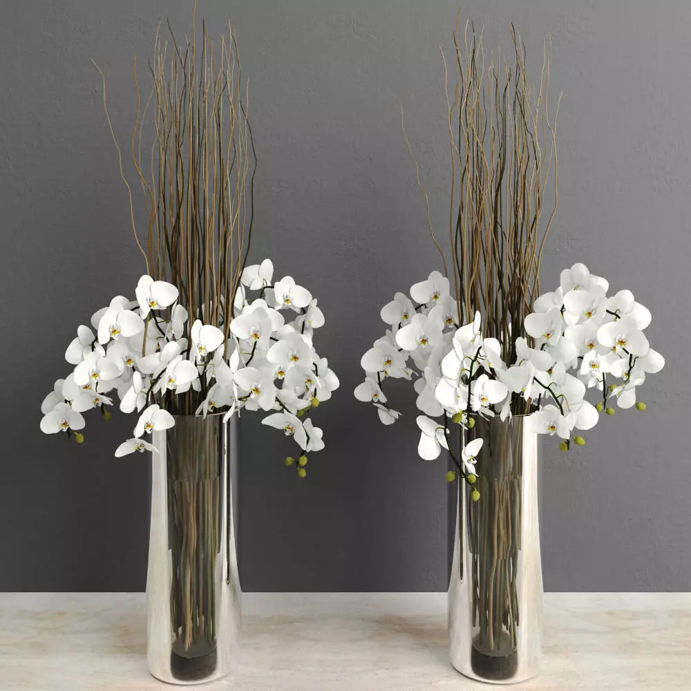 White orchids with willow branches in tall glass vase 3D model_0