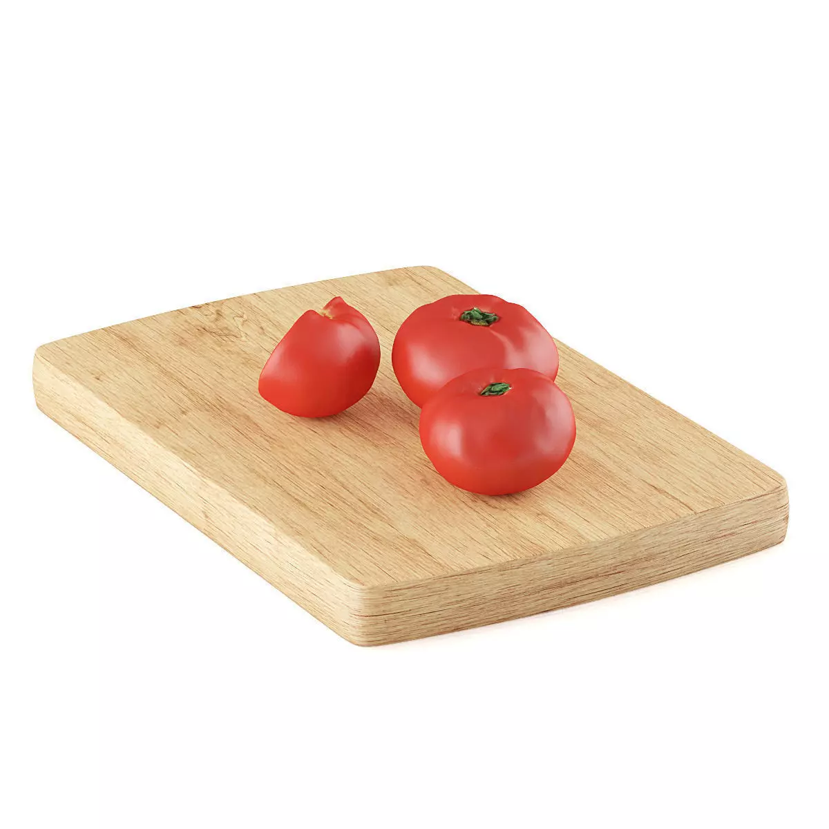 Tomatoes three on wooden cutting board 3D model_0