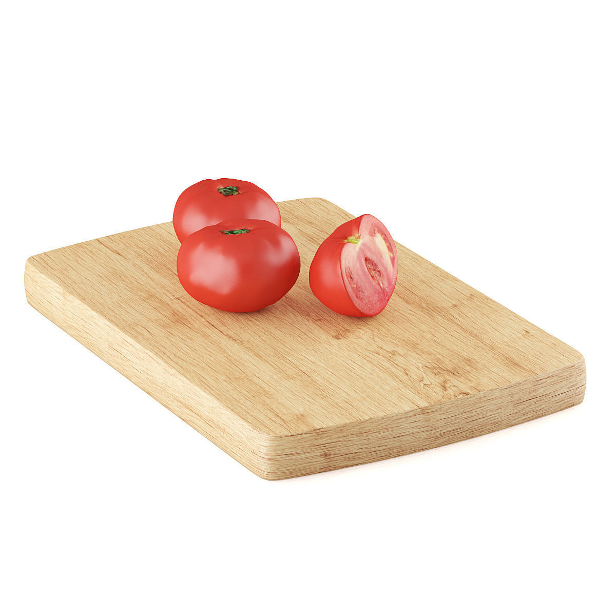Tomatoes three on wooden cutting board 3D model_2