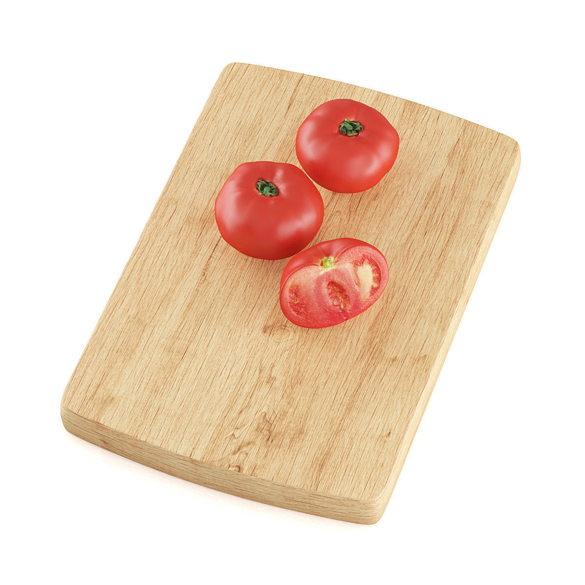 Tomatoes three on wooden cutting board 3D model_4