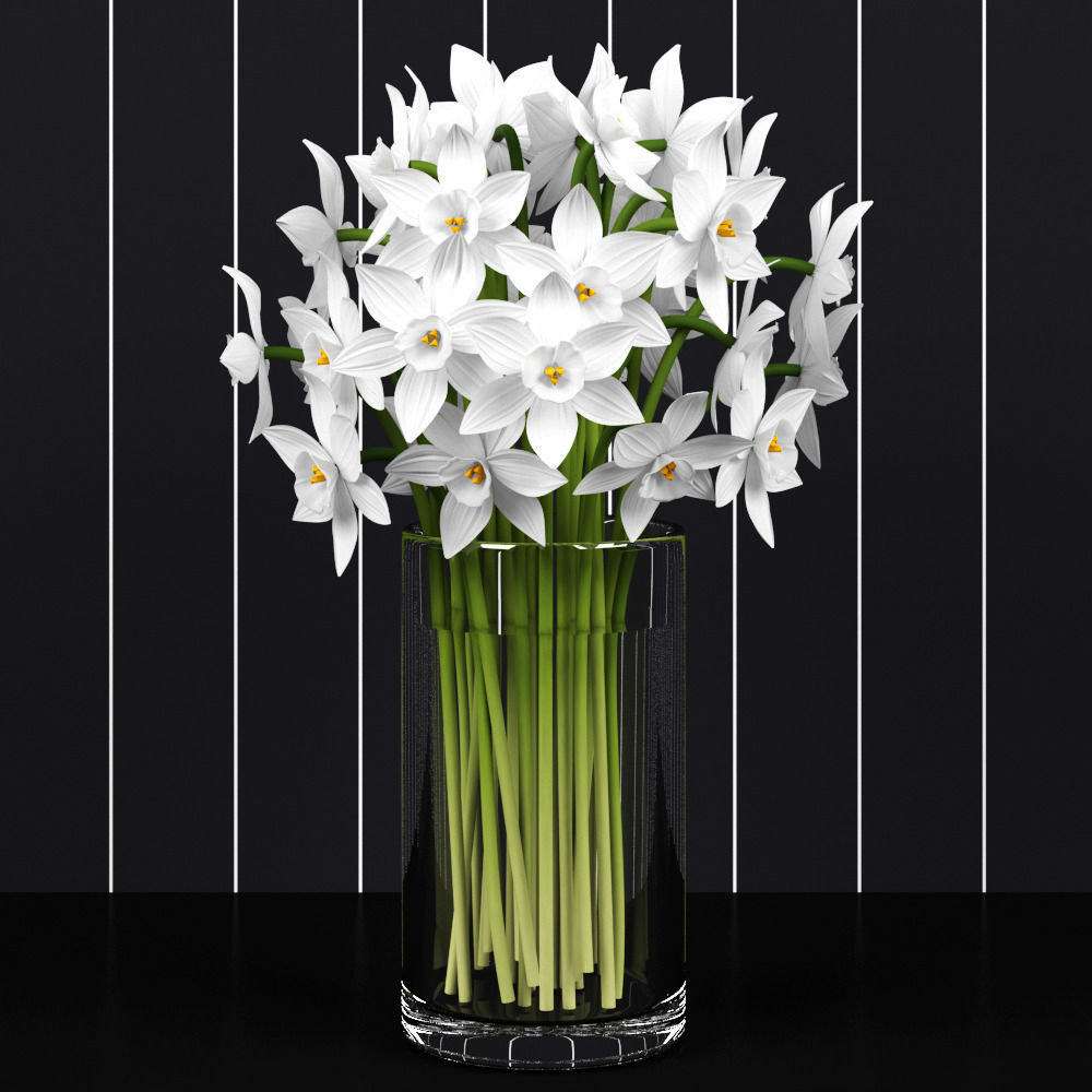 Daffodils in glass vase 3D model_1