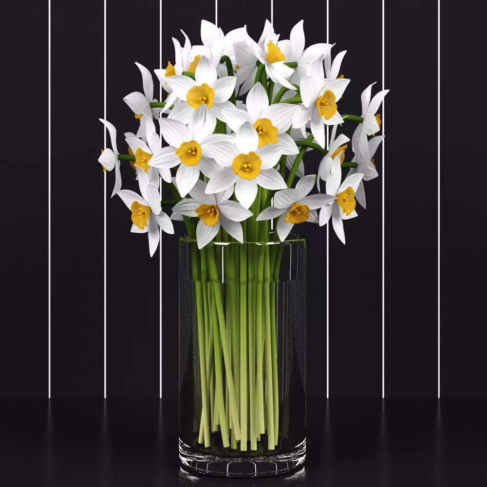 Daffodils in glass vase 3D model_0