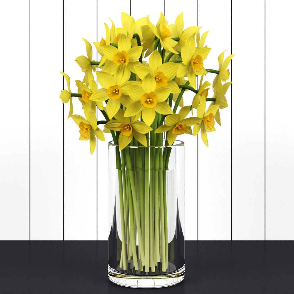 Daffodils in glass vase 3D model_2