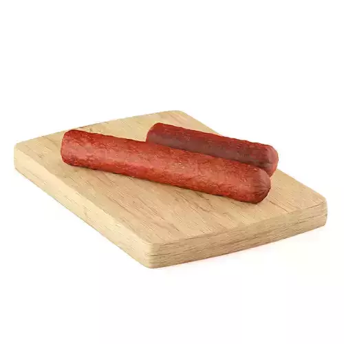 Salami two sausages on wooden cutting board